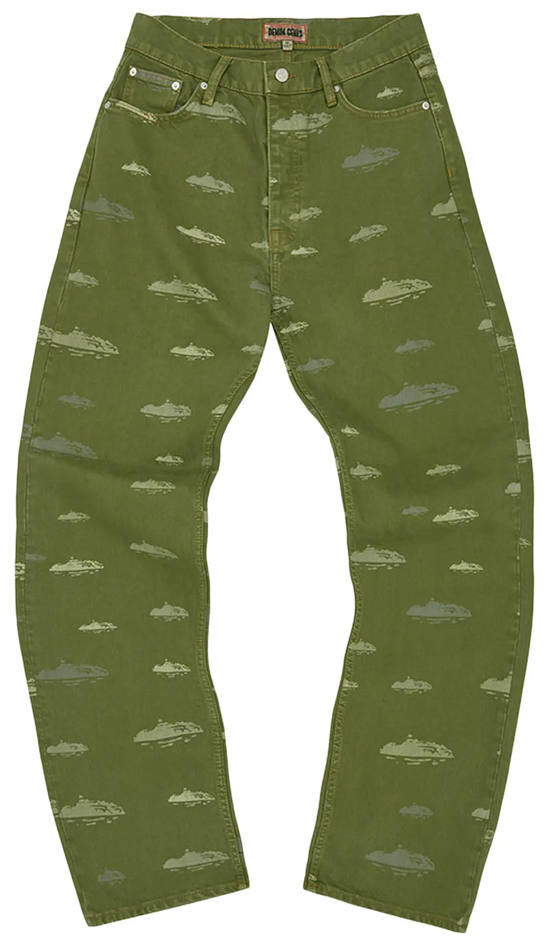 Corteiz Alcatraz Pattern Denim Jeans Khaki